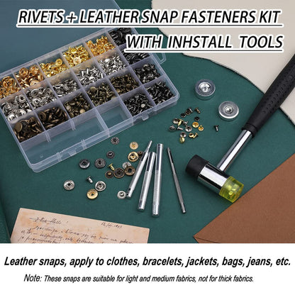 Yizzvb 320 Pcs Leather Rivets Kit, 60 Pcs Leather Snap Fasteners, 2 Size Double Cap Rivets Tubular, Double-Sided Nylon Hammer Fixing Tool Kit, Installation Tools for DIY Projects, Shoes and Repair