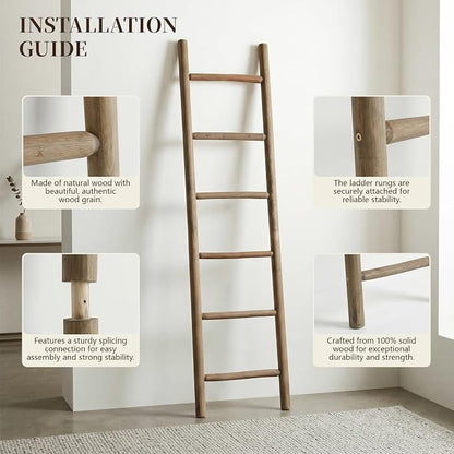 Wooden Blanket Ladder - 76in Natural Wood Color- Leaning Wall Decor for Bedroom, Bathroom, Living Room - Rustic Quilt Holder (Natural Wood Color (Knock Down), 76in | Knock Down)