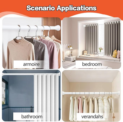 Closet Rods for Hanging Clothes, White Closet Rod 30-76 Inch Adjustable Clothes Hanging Bar Shower Curtain Rods for Closet, Wardrobes, Bathroom, Windows, with No Drilling Holder