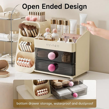 UFORU Makeup Organizer for Vanity with Brush Holder, Large Capacity Bathroom Countertop Skincare Organizer with 2 Drawers, Cosmetic Display Case for Perfumes, Eyeshadow Palettes, Nail Polishes