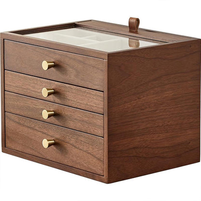 Homruilink Black Walnut Wooden Jewelry Box for Women 4 Layer with Glass Lid and Pull-out Necklace Storage Layer Watch Necklace Ring Earring Storage, Fathers Day Gift