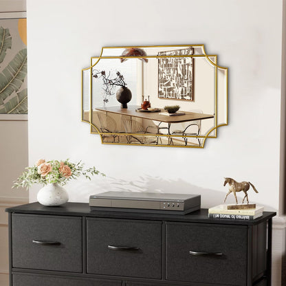 HQiJun 30x20 Inch Gold Bathroom Mirror, Wooden Frame with Scalloped Polished Beveled Glass, Modern Art Wall Decor for Vanity, Irregular Rectangle Mirror for Bedroom, Living Room, Fireplace & Entryway