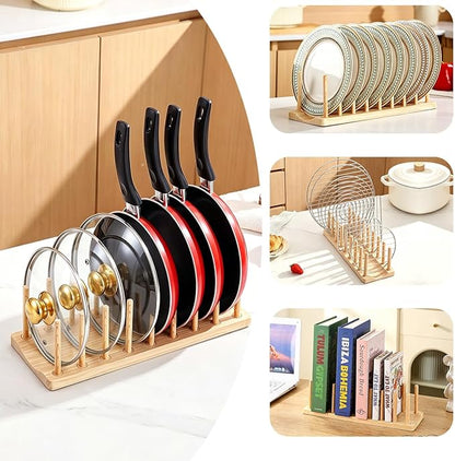HOMQUEN Pot Lid Organizer, Sturdy Plastic Pan Lid Organizer Rack, 8 Adjustable Compartments - For Cabinet and Countertop, Pot Lids, Pans, Plates, Bowls, Cups, Cutting Boards and Books