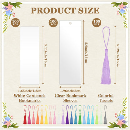 100 Sets Kraft Paper Blank Bookmarks with Tassels and Clear Bookmark Sleeves, Cardstock DIY Bookmark Making Kit for DIY Craft Projects, Gift Tag, School Supply, Party Favor