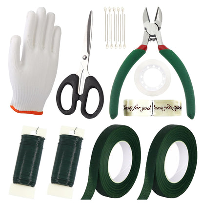 Vignor Floral Arrangement Kit with Green Flower Tape, Metal Wire, Ribbon, Flores Cutter, Scissor, Glove, Boutonniere Pin for Stem Wrap Florist Supplies Bouquet Accessories DIY Craft (10-in-1 Set)