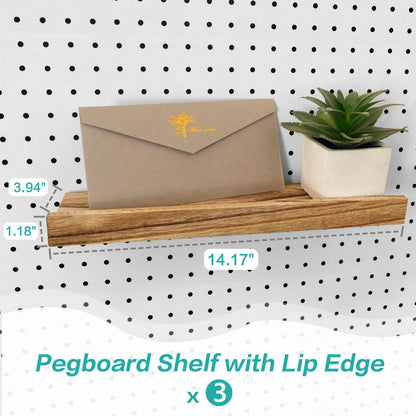 Wood Pegboard Shelves with Lip, 14" x 4" Peg Board Racks 3Pack Wall Organizer Shelf, 1/4 inch Heavy Duty Metal Brackets Fit All Pegboards, Display Craft Garage Workbench Office Shelving Accessories