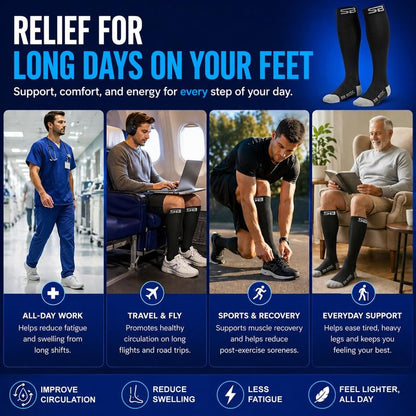 SB SOX Compression Socks for Men & Women (20-30mmHg) – Best Compression Socks for Flying, Medical, Sports, Wide Calf Fit, and Daily Wear (Black/Gray, Large)
