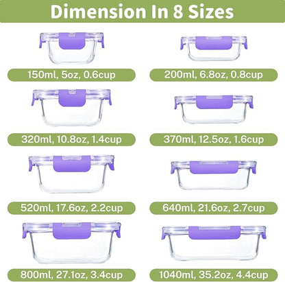HOMBERKING 8 Pack Glass Food Storage Containers