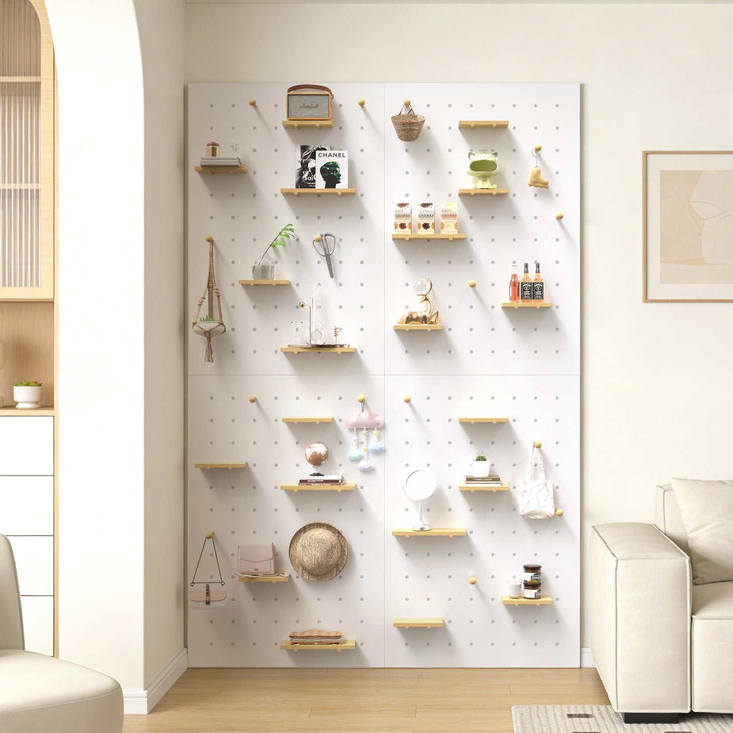 Wood Peg Board Wall Organizer, Thick Wooden Pegboard Kit, Modular Hanging Peg Board Storage System for Home Office Craft Room Gaming Garage Tool Store