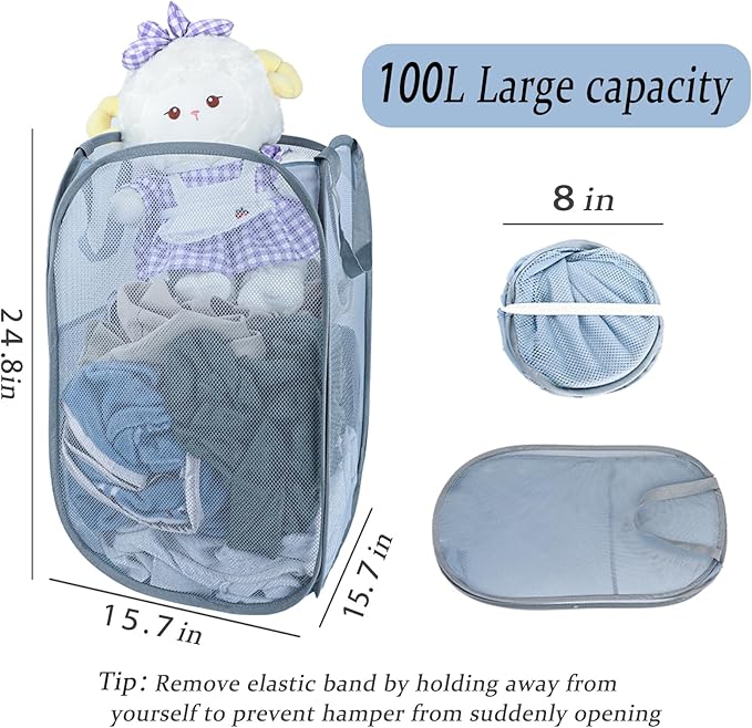 Upgraded 100L Extra Large Collapsible Laundry Hampers. Pop Up Laundry Basket