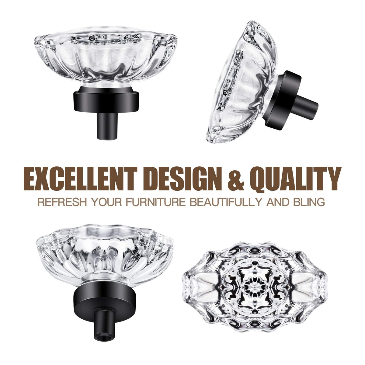 SHINY HANDLES Glass Crystal knobs for Dresser Drawers Cabinet,Crystal Knobs Drawer Knobs Vintage 4 Pack,Matte Black (45×35mm,Oval)