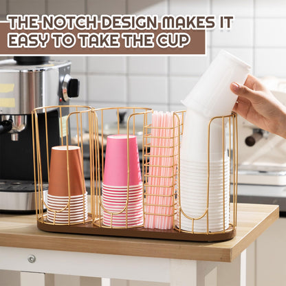 Geelin 18oz Adjustable Coffee Cup Dispenser, Cup Holder Organizer for Storing Paper Cups, Straws, Lids and Disposable Tableware(4-compartment Single Layer,Brown and Gold)