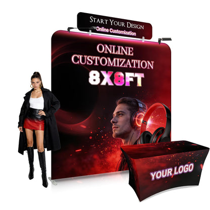 Custom Tension Fabric Display Backdrop with Header Banner for Trade Show Booth Display, Step and Repeat Banner Stand Sign Holders for Tradeshow, Business, Weddings & Events (Frame+Banner,8x8FT)