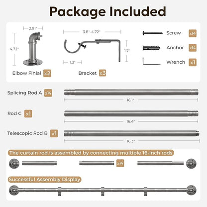 Zeerobee Curtain Rods for Windows 120 to 240, 1 Inch Industrial Wrap Around Grey Curtain Rod, Indoor/Outdoor Room Divider Adjustable Drapery Pole, 120"-240"