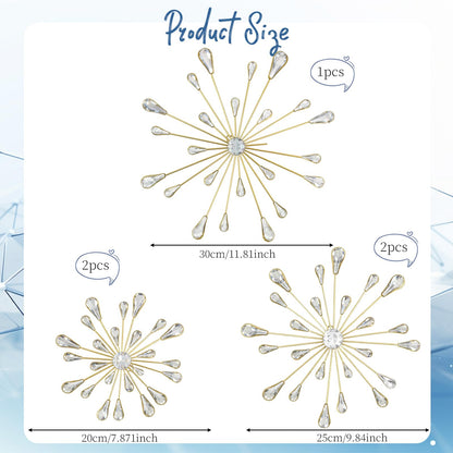 PEDOBALI 5 Pcs Starburst Wall Decor Radial Metal Artwork Gold Bling Wall Art Crystal Teardrop Modern Accent Sculptures Decorations 3D Hanging Rhinestone for Office Home Living Room Bedroom