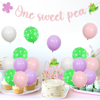 One Sweet Pea Birthday Decorations Pink, Sweet Pea Themed 1st Banner High Chair Banner and Cake Topper Latax Ballons and Number 1 Foil Ballon Kit for Pea First Birthday Party Supplies