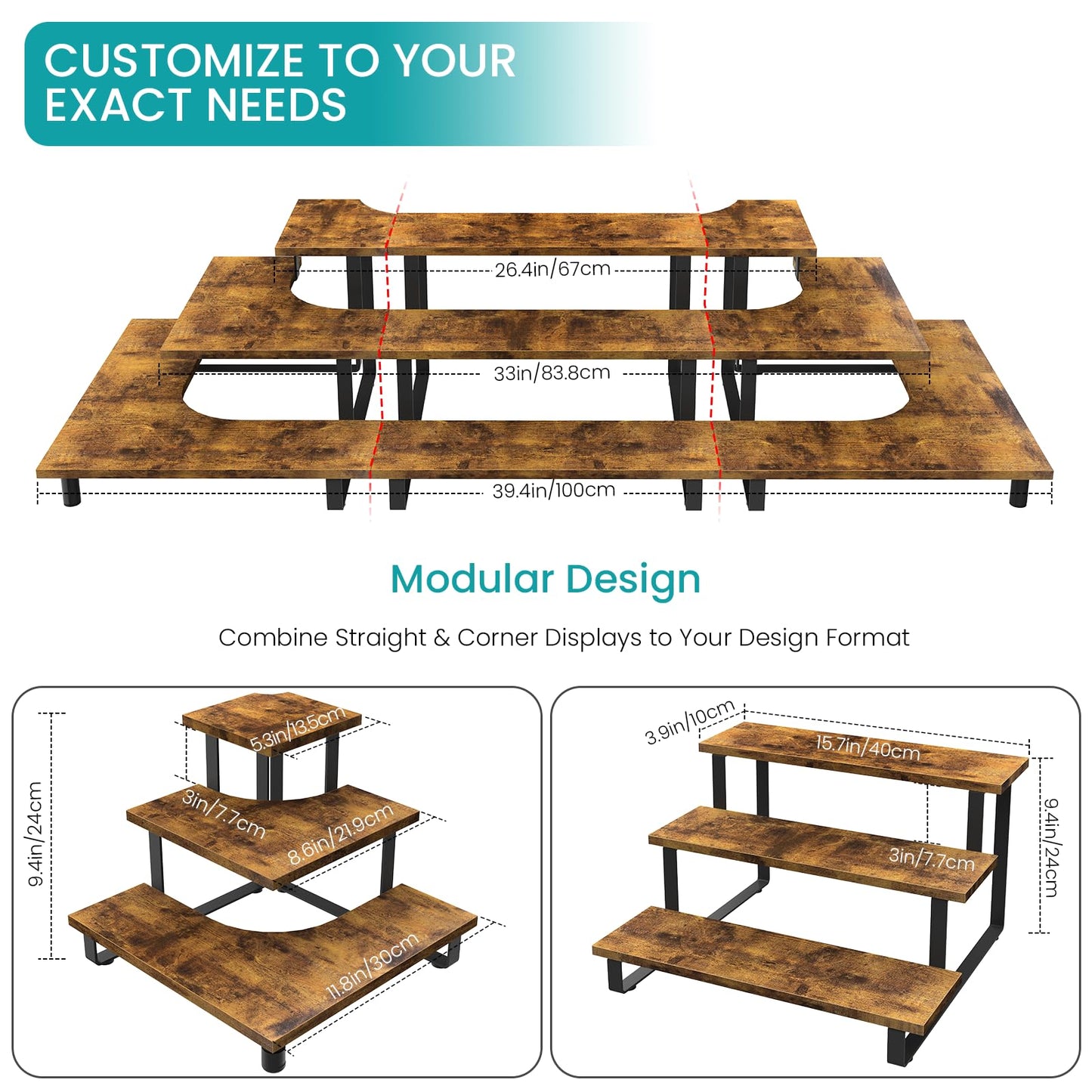 ELITEROO 3 Tier Straight Display Shelf, Portable Wood Retail Cupcake Dessert Stand Display Table, 3 Step Collectible Riser Stand, Tabletop Vendor Display Shelves Rack, Craft Show Countertop Risers