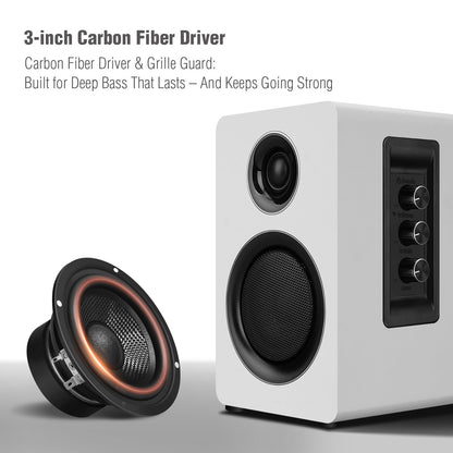 Computer Speakers for Desktop PC, Active Bookshelf Speaker with 3" Carbon Fiber Woofer and Silk Film Tweeter, Supports Bluetooth 5.3, USB-C, AUX/RCA Input for Record Player TV - White Stereo Set