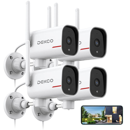 DEKCO Outdoor Security Camera 2K Pan Rotating 180° Wired WiFi Cameras for Home Security with Two-Way Audio, Night Vision, 2.4G WiFi, IP65, Motion Detection Alarm (2 Pack)