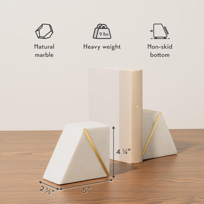 Cork & Mill Marble Book Ends for Shelves, Decorative Bookends for Heavy Books, Unique Mid Century Modern White and Gold Bookends with Brass Inlay, Heavy Duty Bookshelf Stopper, Set of 2