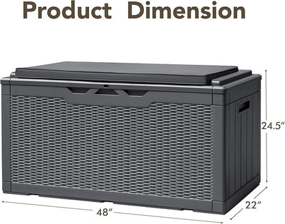 Devoko 100 Gallon Deck Box, Waterproof Resin Outdoor Storage Box with Cushion for Outside and Patio, Large Outdoor Storage Bench Cabinet Lockable for Patio Furniture and Garden Tools (Gray)