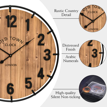MICWIC 20 Inch Farmhouse Wall Clock Large Old Town Vintage Rustic Wooden Clock with Metal Rim and Large Numerals, Silent Battery-Operated for Office, Kitchen, Bedroom, and Living Room