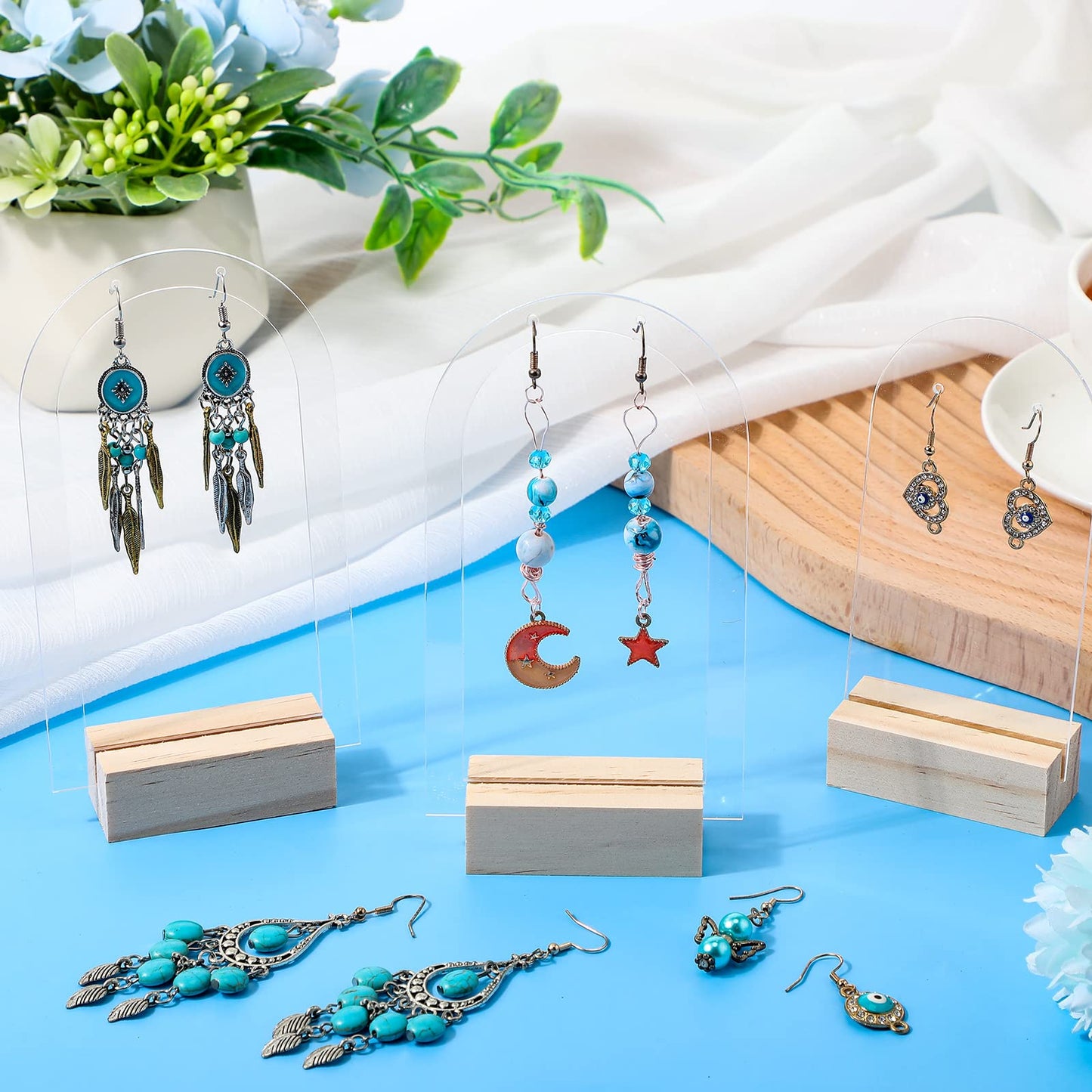 48 Pieces Acrylic Earring Display Stand Jewelry Retail Holder Arch Holder Solid Hollow Acrylic Sign Stand Jewelry Displays with Wooden Bases for Studs Dangle Earring