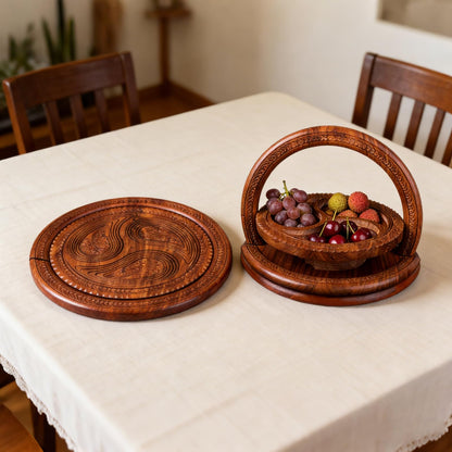 OXBZKMY Handmade 12" Foldable Wooden Basket, Collapsible Fruit Basket Walnut Carving Fruit Plate for Fruit, Bread and Nuts, Kitchen Storage Serving (3 grids)