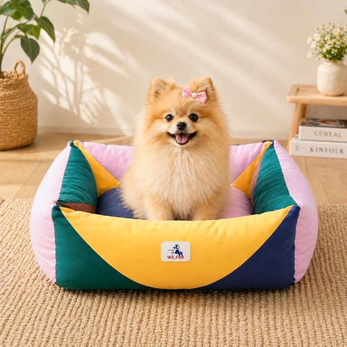 Cotton Canvas Dog Bed, Pink Dog Beds for Small Dogs, Puppy Bed with Washable Removable Cover, Durable 290 GSM Cotton Anti-Chewing Pet Bed with Anti-Slip Bottom (24"x20"x8", Pink&Yellow&Green)