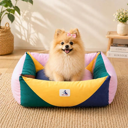 Cotton Canvas Dog Bed, Pink Dog Beds for Small Dogs, Puppy Bed with Washable Removable Cover, Durable 290 GSM Cotton Anti-Chewing Pet Bed with Anti-Slip Bottom (24"x20"x8", Pink&Yellow&Green)