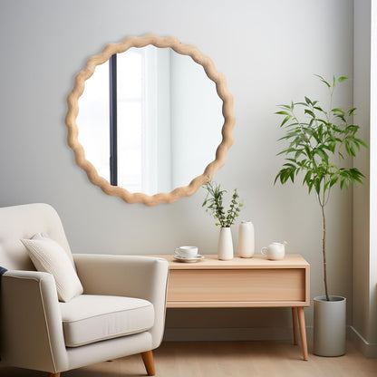 Irregular Wall Mirror,Wood Round Farmhouse Mirror Unique Vanity Mirror,24" Nature Wooden Modern Bathroom Mirror for Washroom Living Room Bedroom