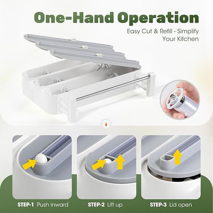 Aluminum Foil & Plastic Wrap Dispenser with Cutter - Magnetic & No-Drill Wall Mount, Cling Film Dispenser with Paper Towel Holder, Space-Saving 4-in-1 Kitchen Organizer - Fits 12" Roll, White