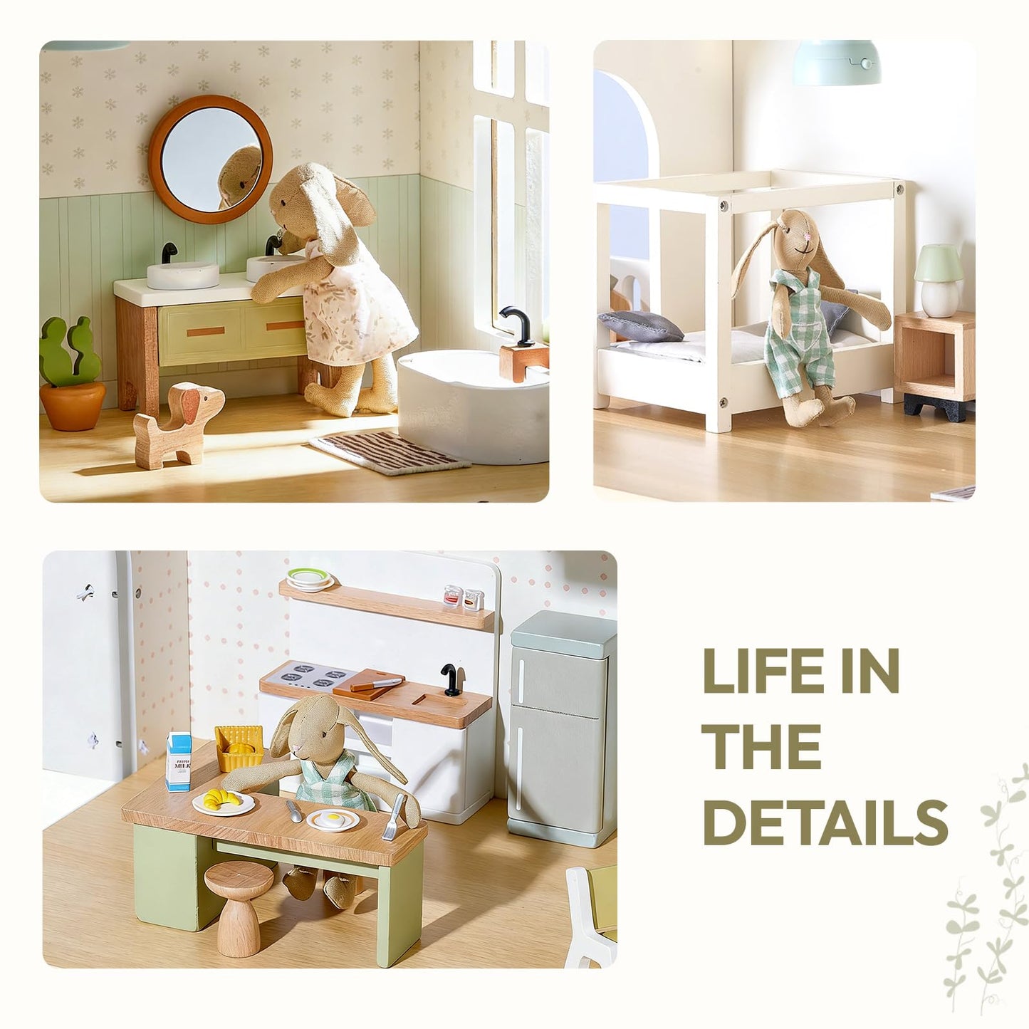 Giant bean Modern Wooden Dollhouse with Lights & 37PCS Furniture Set – Nordic Style 3-Story Playhouse for Kids Age 3+, Natural Wood Montessori Doll House with Realistic Rooms, Gift for Girls & Boys