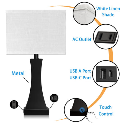 OYedis Table Lamp for Bedroom 3-Way Dimmable Touch Control Bedside Lamp with USB A+C Port & AC Outlet 21.6" Tall Nightstand Lamp for Living Room Office and Hotel Bulb Included