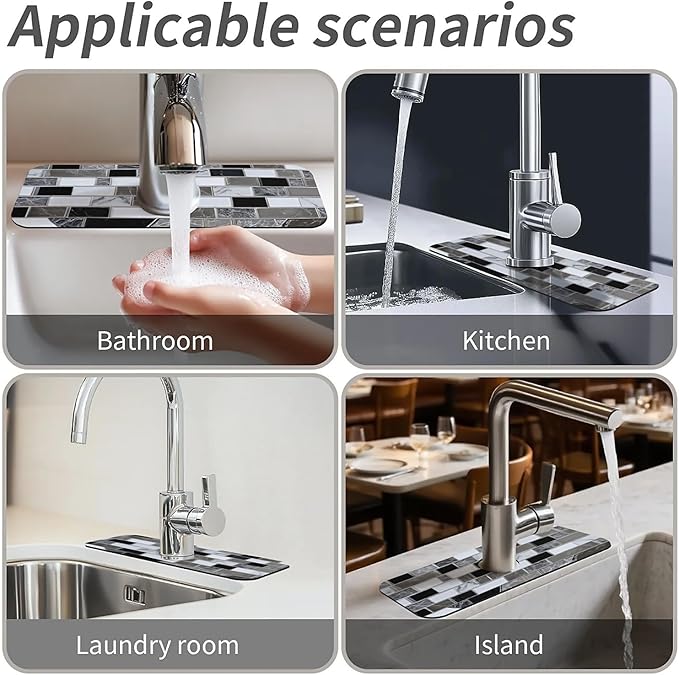 Kitchen Sink Splash Guard，White-black gray tiles Faucet Mat Sink Gadgets-Super