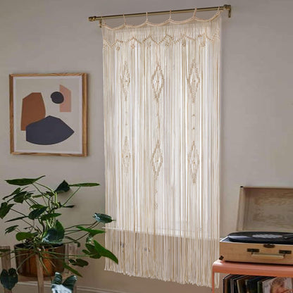 IOWER Macrame Curtain Long Cotton Window Panel Boho Curtains for Bedroom Wedding Backdrop Room Divider Doorway Closet Apartment 35''W x 70''L
