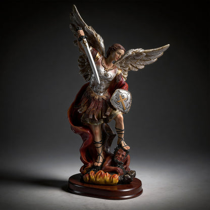 ASTARIKO Catholic St. Michael the Archangel Statue - 11.2” H Hand-Painted Resin Figurine on Premium Wooden Base, Saint Michael Defeating Satan Religious Gifts for Home Decor