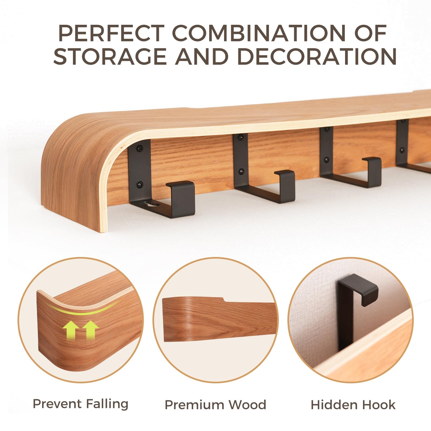 Coat Rack Wall Mount with Shelf Entryway Shelf Modern Key Holder Hanger Wall Shelves with Hidden Hooks for Hanging Towels Coats Hats Bags for Hallway Bathroom Bedroom(Oak, 4 Hooks)