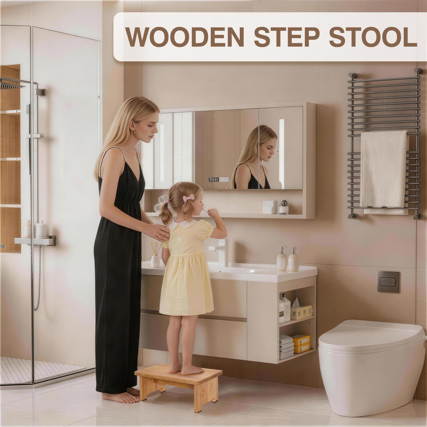 NtrlQidu Solid Wood Stool Wooden Step Stools for Adults Kids with Anti-Slip Feet, Heavy Duty Stepping Stools with 450-LBS Capacity for Bedroom Kitchen Bathroom, Bed Steps for High Beds