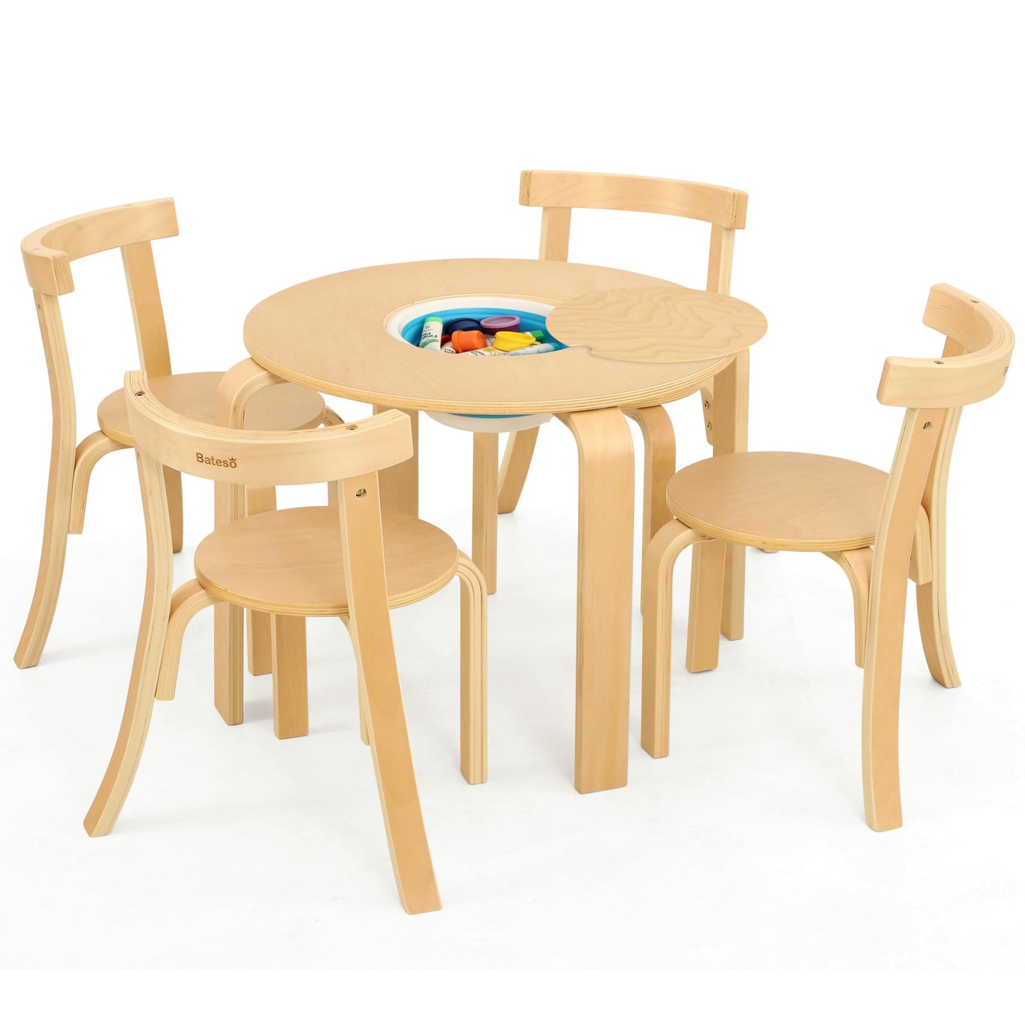 Bateso Kid Round Table and 4 Chairs Set with Storage Tub, Wooden Toddler Table Chair for Arts, Crafts, Eating, Learning, Kid Play and Activity Table for Home, Daycare or Playroom