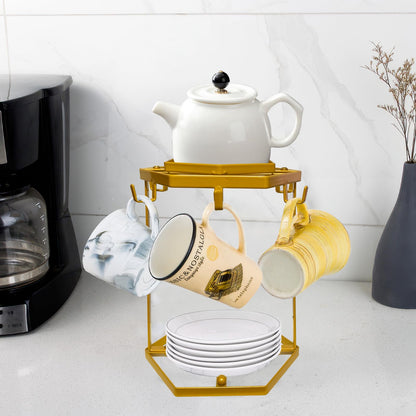 LWXPAIYY Coffee Mug Holder Countertop,Yellow Metal Coffee Cup Holders for Counter,Matte Muted Gold Mug Stand Rack for Counter Top 6 Hooks(Hexagon)