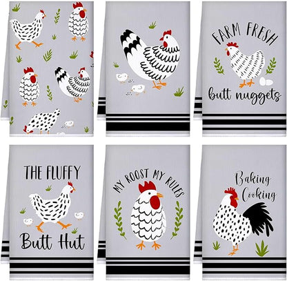 Boyiee Set of 6 Farm Chickens Kitchen Towels Farmhouse Absorbent Dish Tea