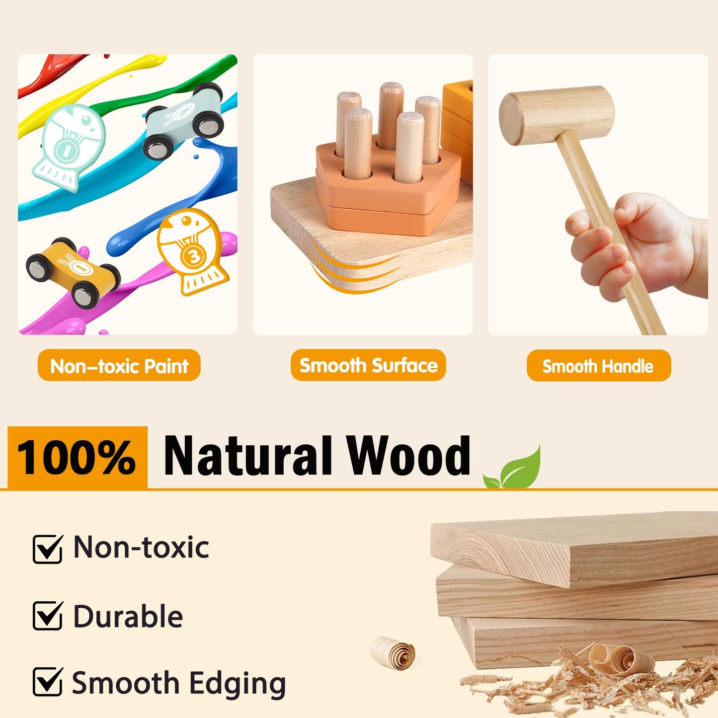 Wooden Montessori Toys for 1 Year Old, Sorting & Stacking Toys, Pounding Hammering Toy with Xylophone & Fishing Game, Car Ramp Toy 3 in 1 Wooden Toddler Toys 1 2 3 for Boys Girls Birthday Gifts