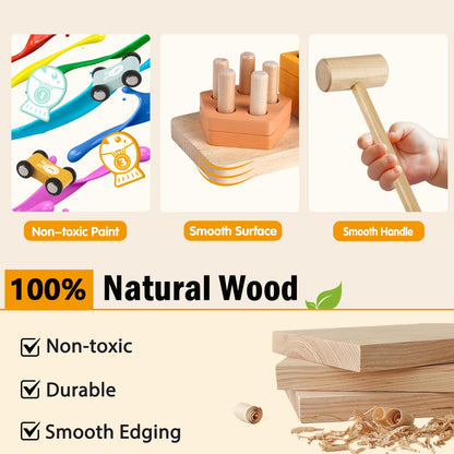 Wooden Montessori Toys for 1 Year Old, Sorting & Stacking Toys, Pounding Hammering Toy with Xylophone & Fishing Game, Car Ramp Toy 3 in 1 Wooden Toddler Toys 1 2 3 for Boys Girls Birthday Gifts