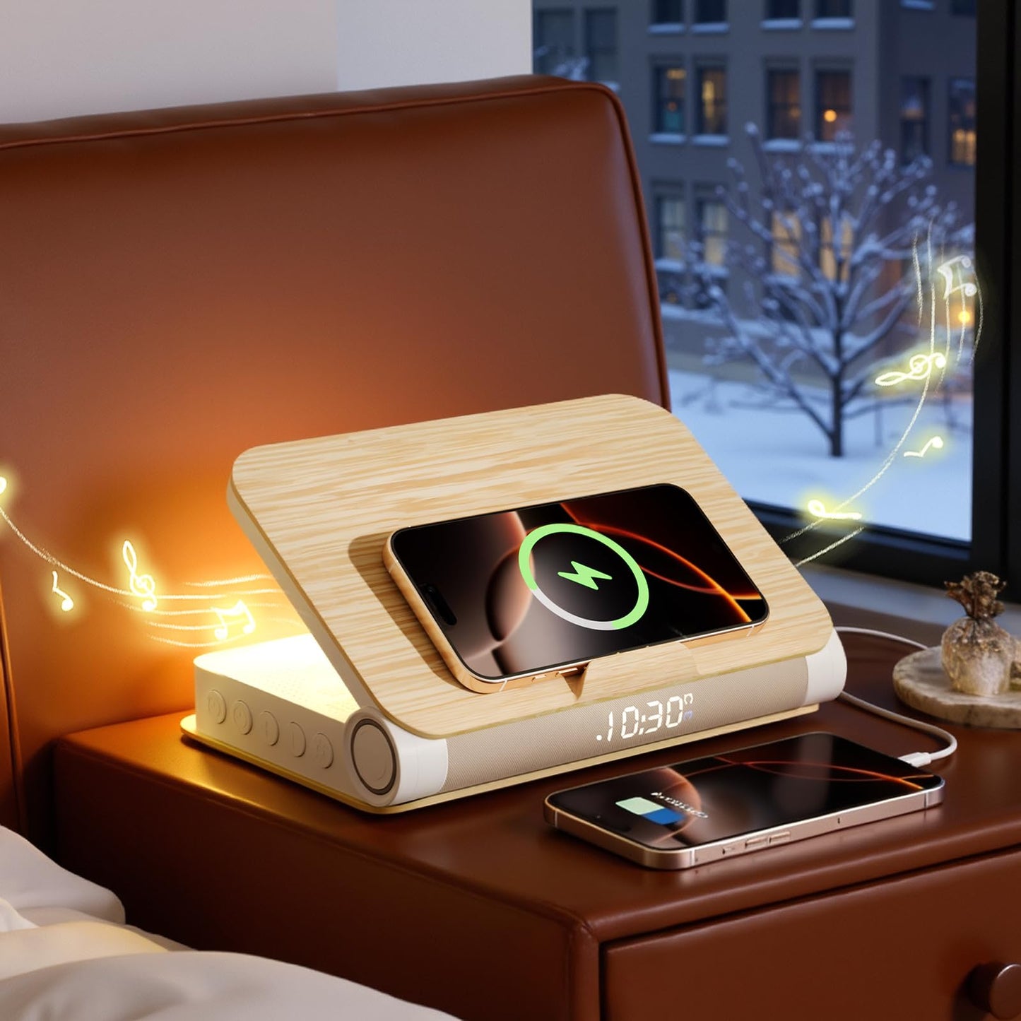Vivilumens Alarm Clocks Bluetooth Speaker Dual Charging Wireless Bedside Lamp Night Light for Adults Teens with Book Shape Sunrise Wake Up Light for Bedroom Home Decor Gifts for Father（Wooden Grain）