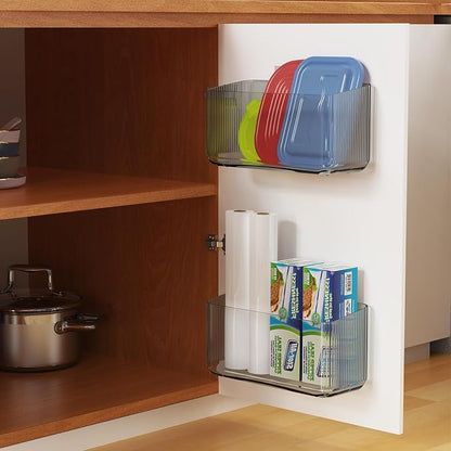 Cruet stands, 2 Pack Cabinet Door Organizers Plastic Wrap Holders for Kitchen Organizers, No drilling Wall Door Mount Kitchen Wrap Rack for Foil Wrap, Cling Wrap, and Food Bags, Clear Grey