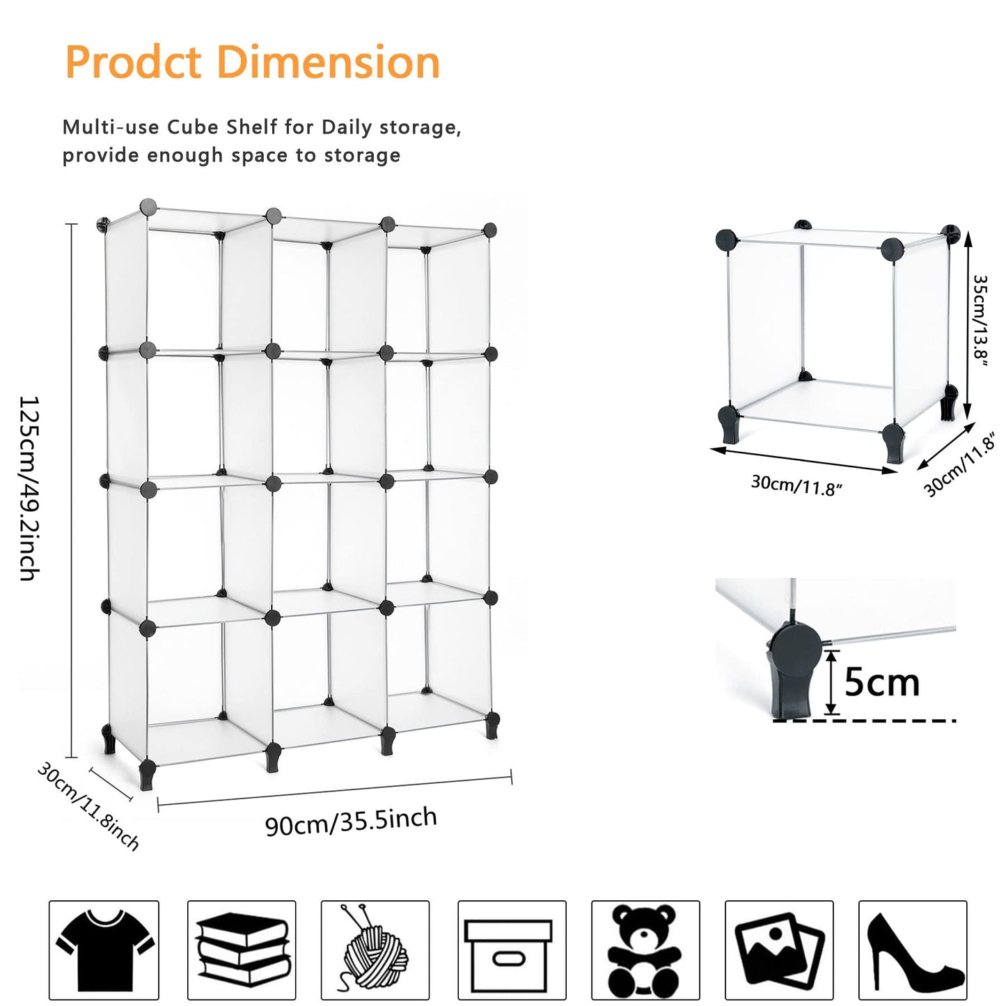 AWTATOS Cube Storage Organizer Storage 12 Cube Bookshelf DIY Plastic Closet Storage Shelves with Wooden Mallet, Ideal Storage Solution for Home, Bedroom, Translucent White