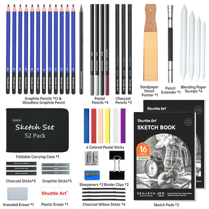 Shuttle Art 52 Pack Drawing Pencils Set, Professional Art Kit with Graphite Charcoal Sticks, Drawing Pad in Portable Case, Ideal for Kids and Adults Artists