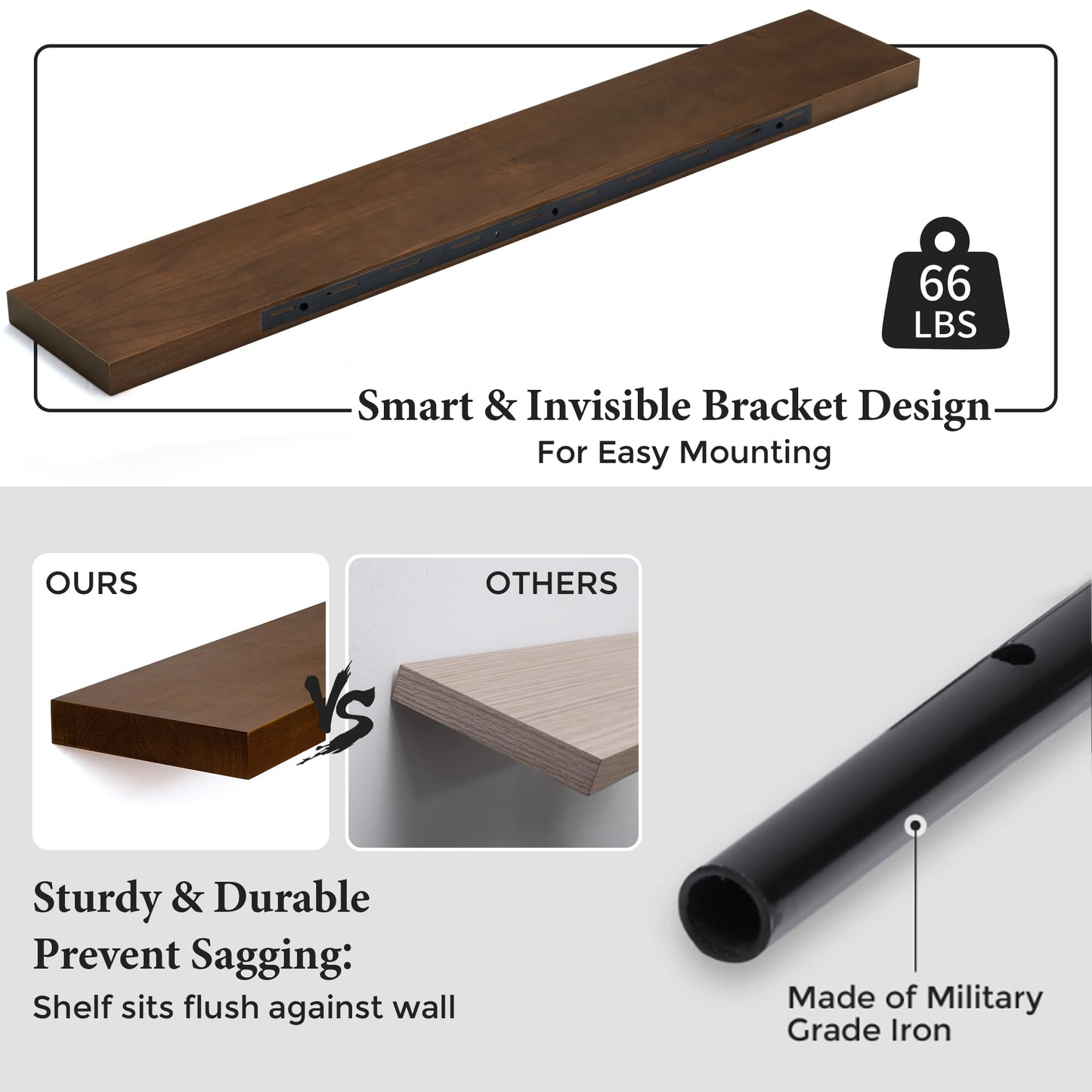 Axeman Floating Shelves, 8 Inch Deep Modern Solid Wood Wall Shelves for Storage, Wall Mounted Display Shelving with Invisible Heavy-Duty Metal Bracket, 48" W x 8" D x 1.6" H, Walnut