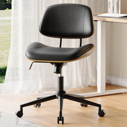 BERYTH Armless Office Chair with Wheels, PU Leather Adjustable Height Desk Chair - 360° Swivel Ergonomic Computer Chair for Small Space, Modern Walnut Style, Home & Meeting Room, Black